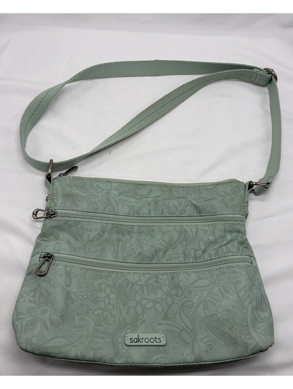Sakroots Crossbody Bag Women Teal Floral Nylon Multi Zip Messenger